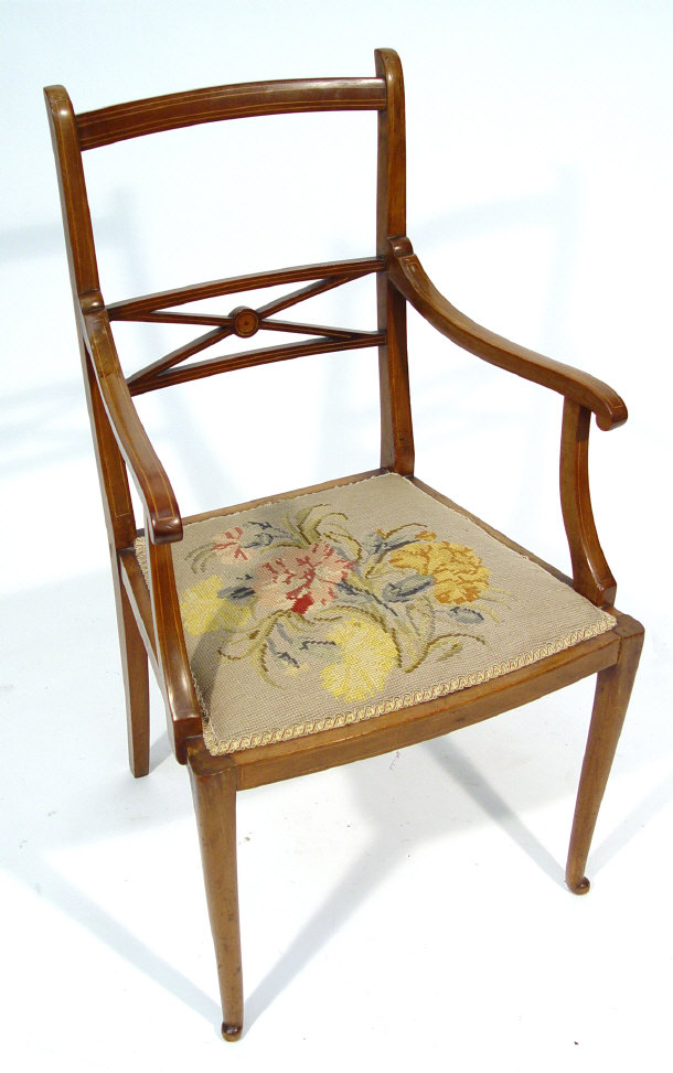 Appraisal: Edwardian inlaid mahogany open armchair with floral inlaid back and