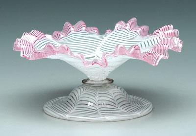 Appraisal: Cane work glass compote ruffled border with pink and white