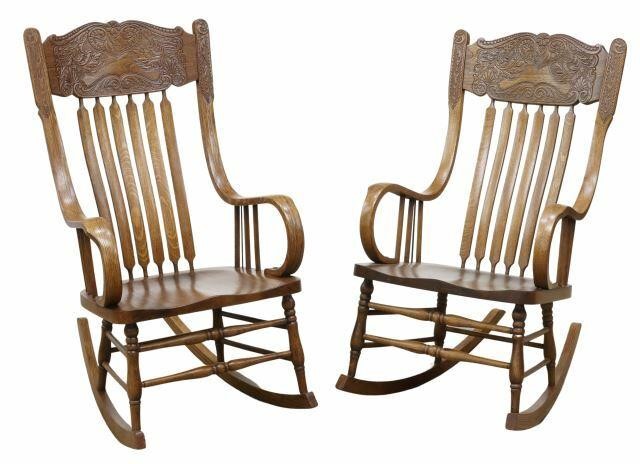 Appraisal: pair American oak pressback rocking chairs c shaped crest with