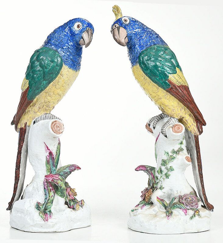 Appraisal: Pair of German Painted Porcelain Parrots late th th century