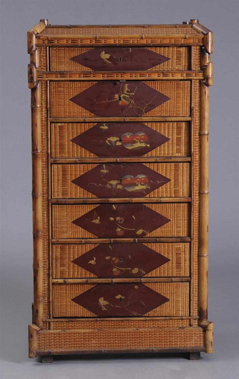 Appraisal: AESTHETIC MOVEMENT LACQUER TATAMI AND BAMBOO SEMAINIERE Containing seven drawers