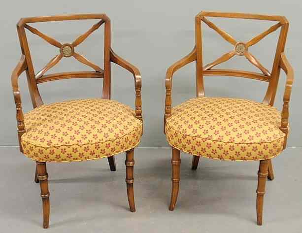 Appraisal: Pair of fruitwood open armchairs with bamboo turned legs h