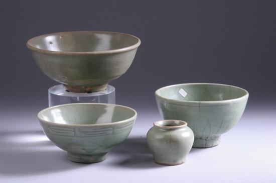 Appraisal: THREE CHINESE LONGQUAN CELADON BOWLS AND JARLET Southern Song Dynasty