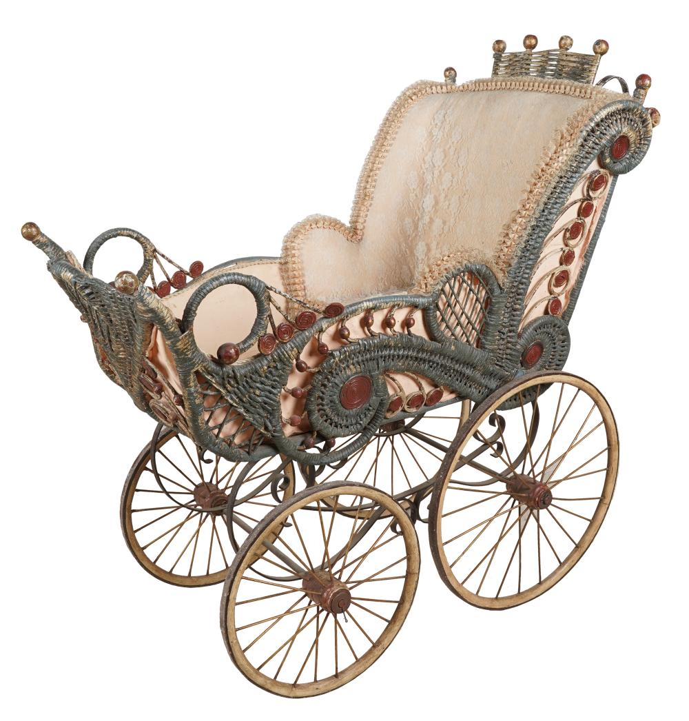 Appraisal: VICTORIAN STYLE BABY CARRIAGEpainted wicker and upholstered interior Condition wheels