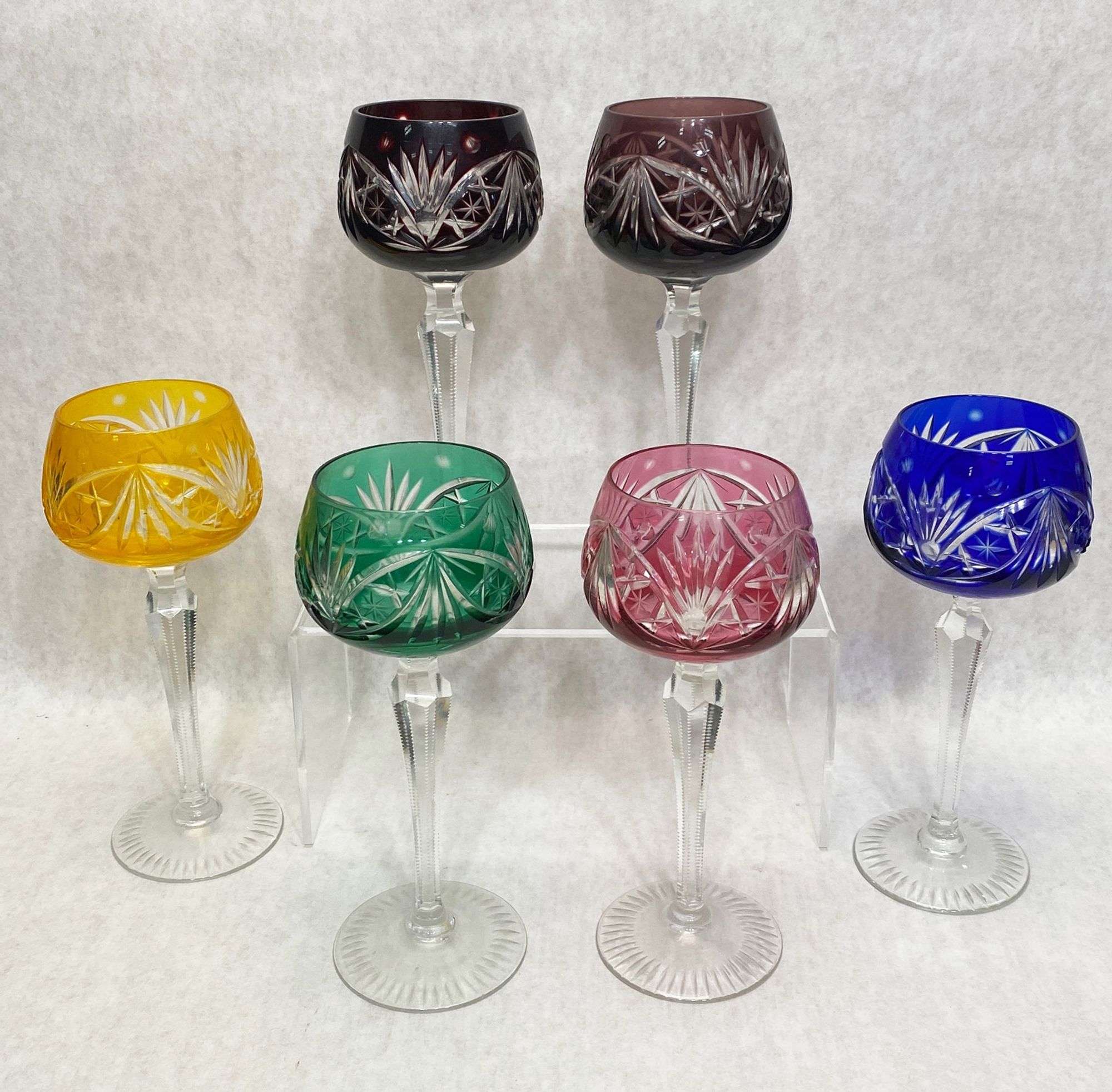 Appraisal: Multi Colored Cut Glass Bohemian Wine Goblets tall Condition Good