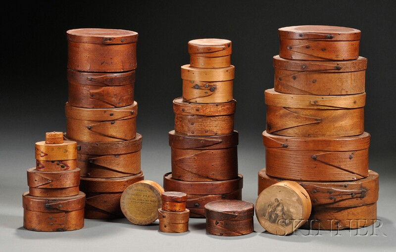 Appraisal: Twenty-four Small Round and Oval Lapped-seam Wood Storage Boxes America