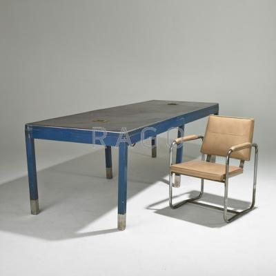 Appraisal: WILLIAM LASCAZE Library table and armchair USA s Chromed and