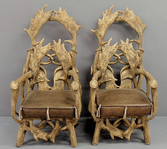 Appraisal: Pair of faux moose antler armchairs with cushioned seats h