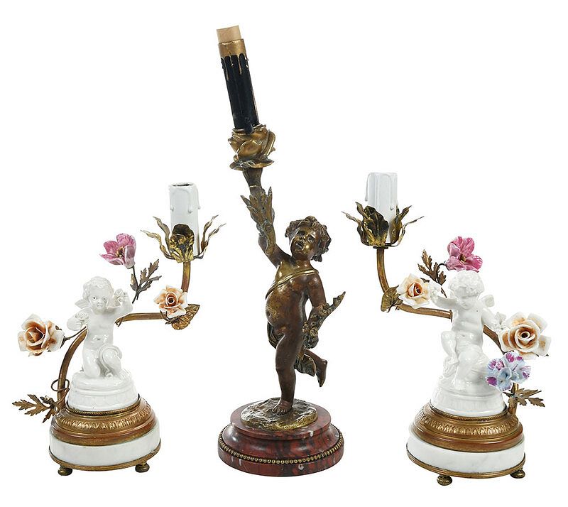 Appraisal: Three Figural Candle Lamps After Clodion French Italian late th