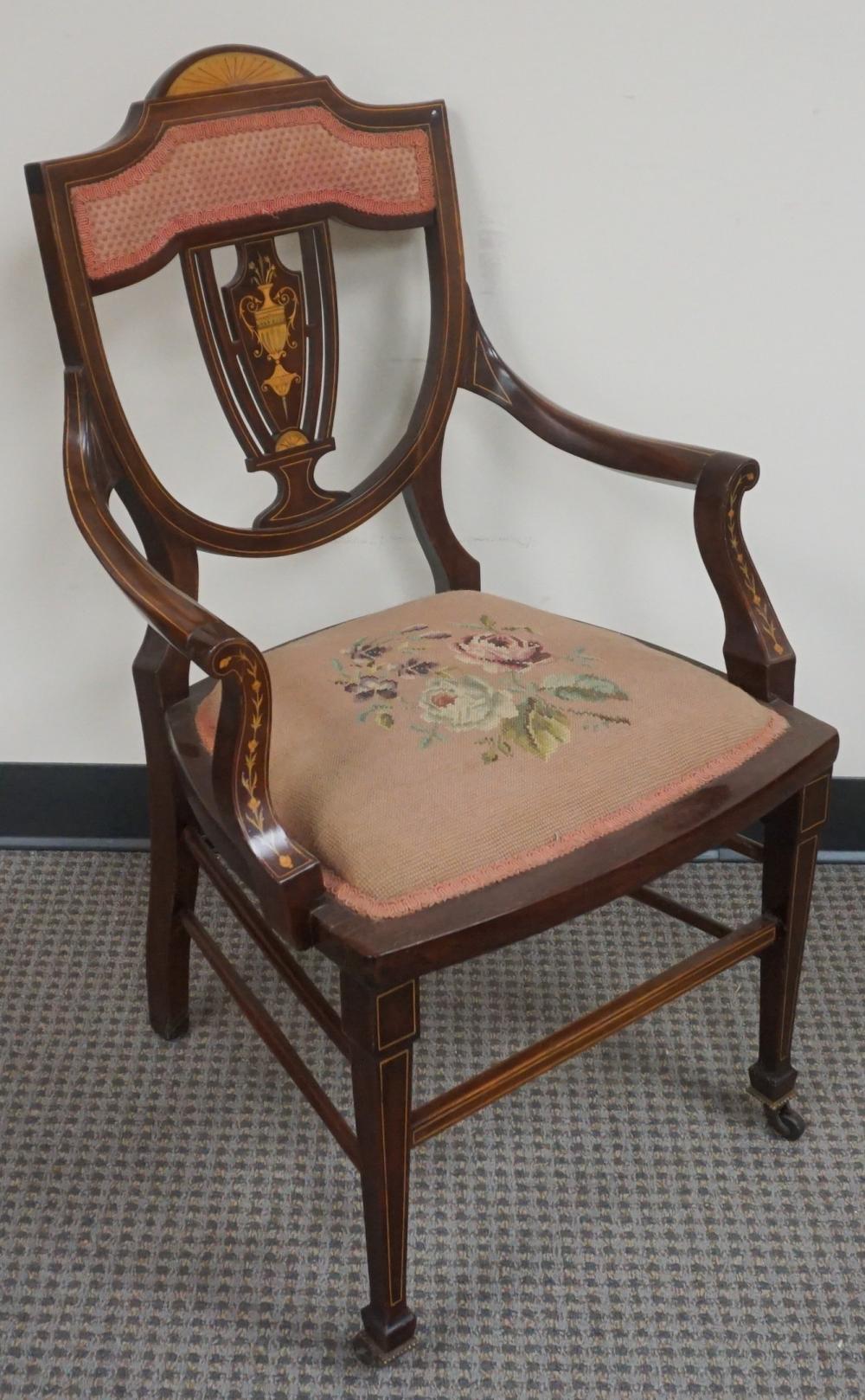 Appraisal: Edwardian Satinwood Inlaid and Upholstered Mahogany Arm Chair