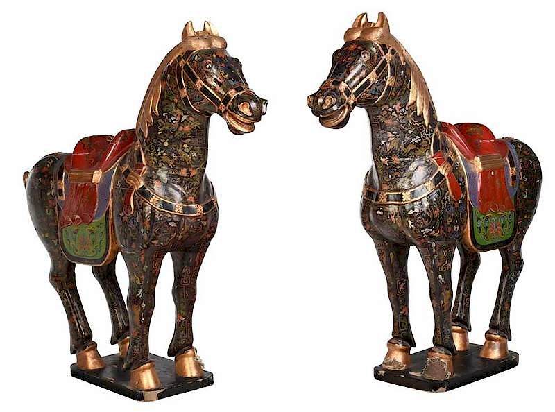 Appraisal: Large Pair Asian Carved Wood Horse Figures th century lacquer