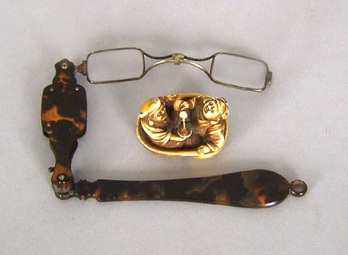 Appraisal: Ivory netsuke together with a tortoise shell lorgnette