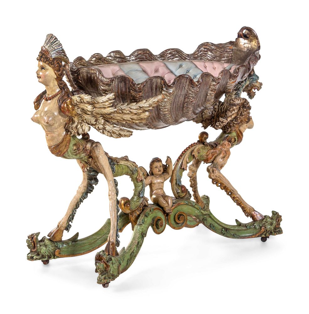 Appraisal: A Venetian Figural Carved and Polychrome Decorated Wood Cradle A