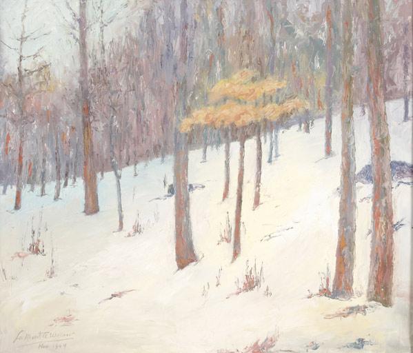 Appraisal: LAMONT WARNER Oil-on-canvas painting of a snowy wooded landscape In