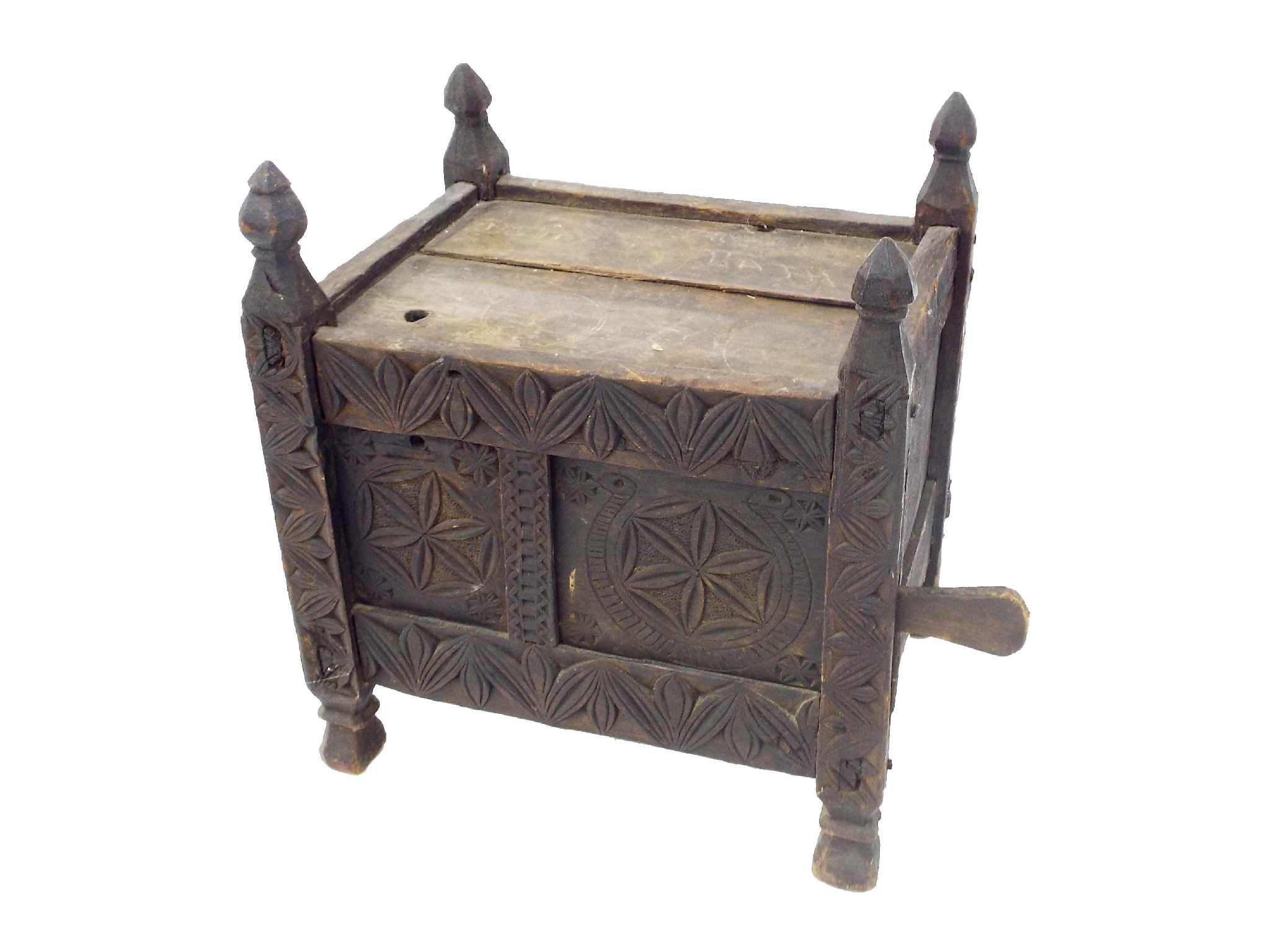 Appraisal: Small Afghan hardwood marriage chest with typical carved leaf panels