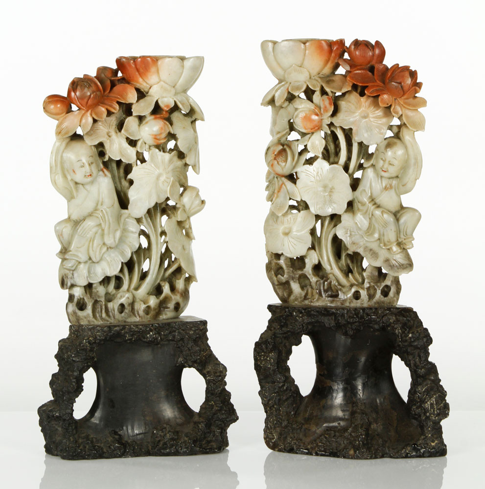 Appraisal: - Pair of Chinese Soapstone Candlesticks Pair of Chinese candlesticks