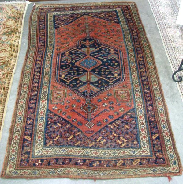 Appraisal: A semi-antique Oriental area rug Hamadan design shows wear consistent