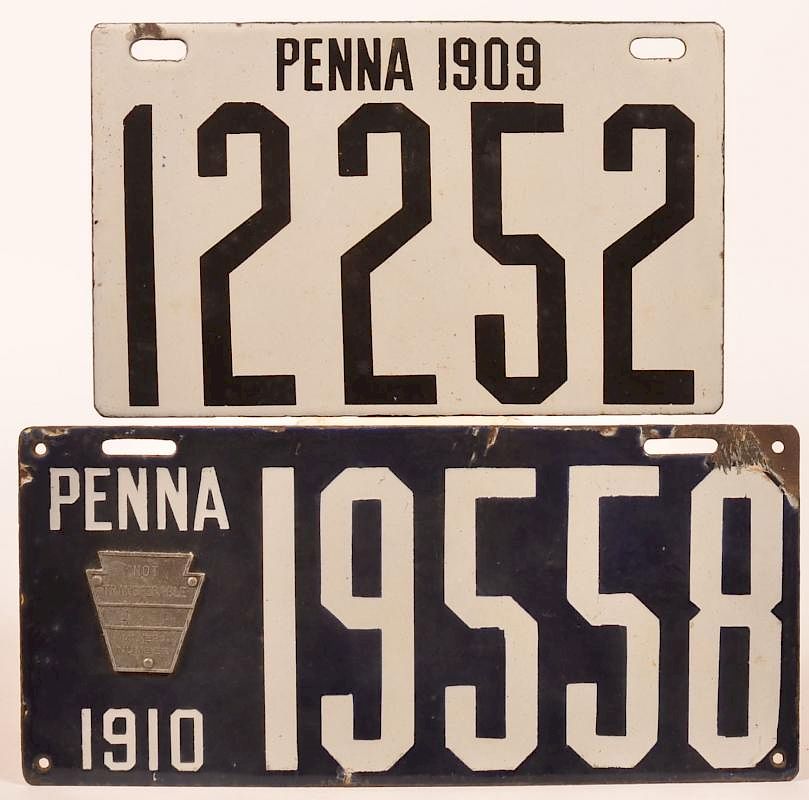 Appraisal: Antique PA Enameled Iron License Plates Two Antique Pennsylvania Porcelain