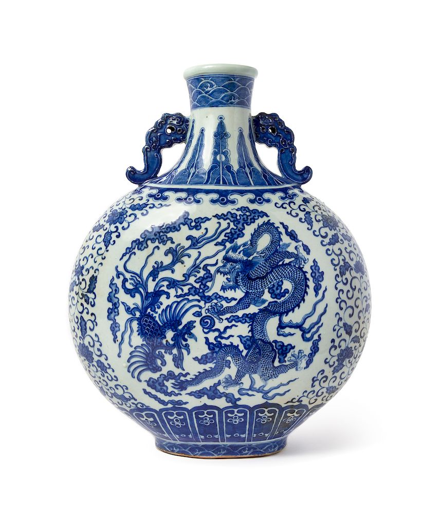 Appraisal: A Large Blue and White Porcelain Dragon and Phoenix Moon