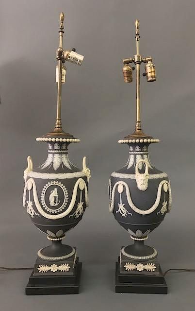 Appraisal: Monumental Pair of Black Wedgwood Urn Lamps Monumental pair of