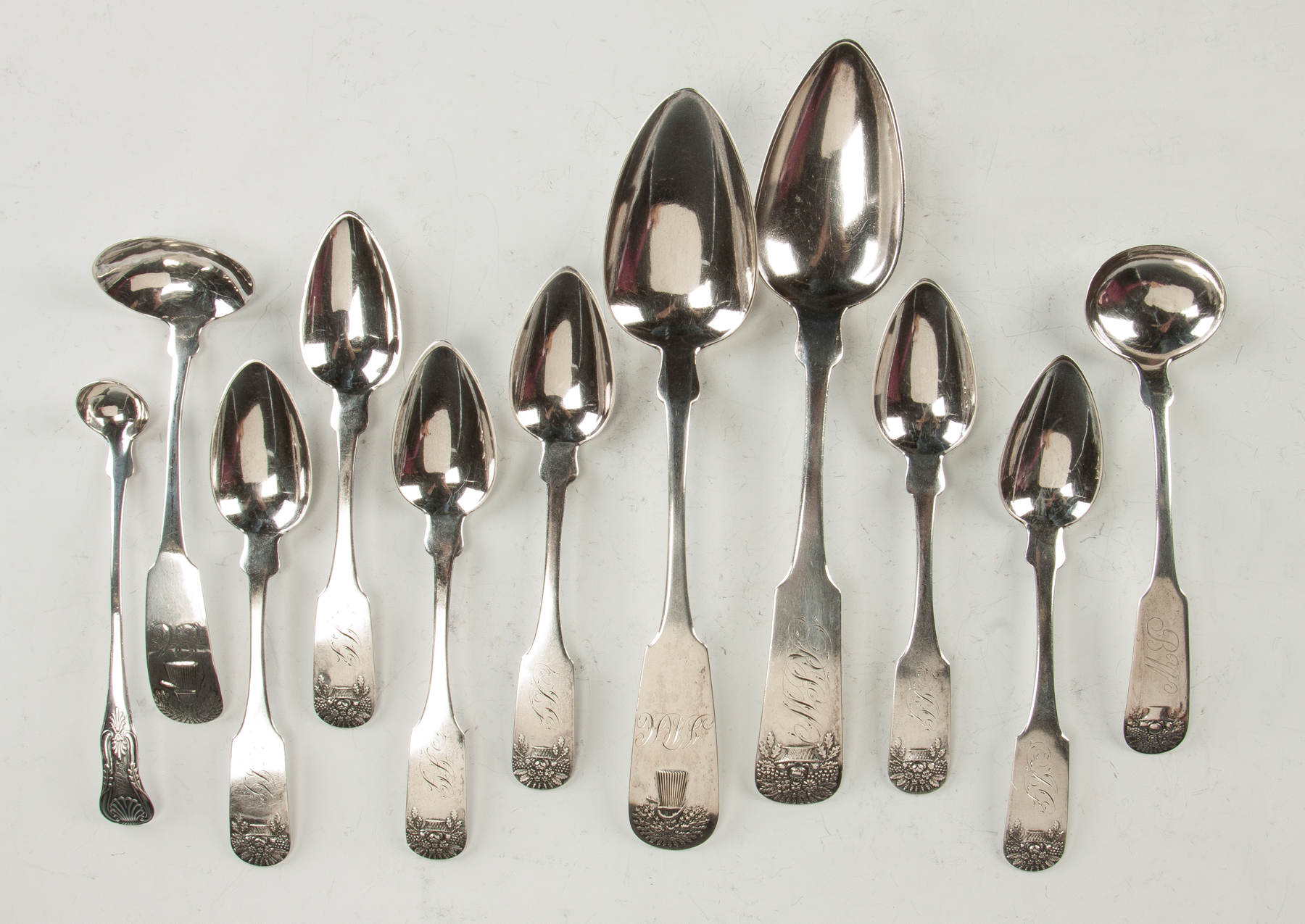 Appraisal: Group of Coin Silver Teaspoons Serving Spoons Ladles L to