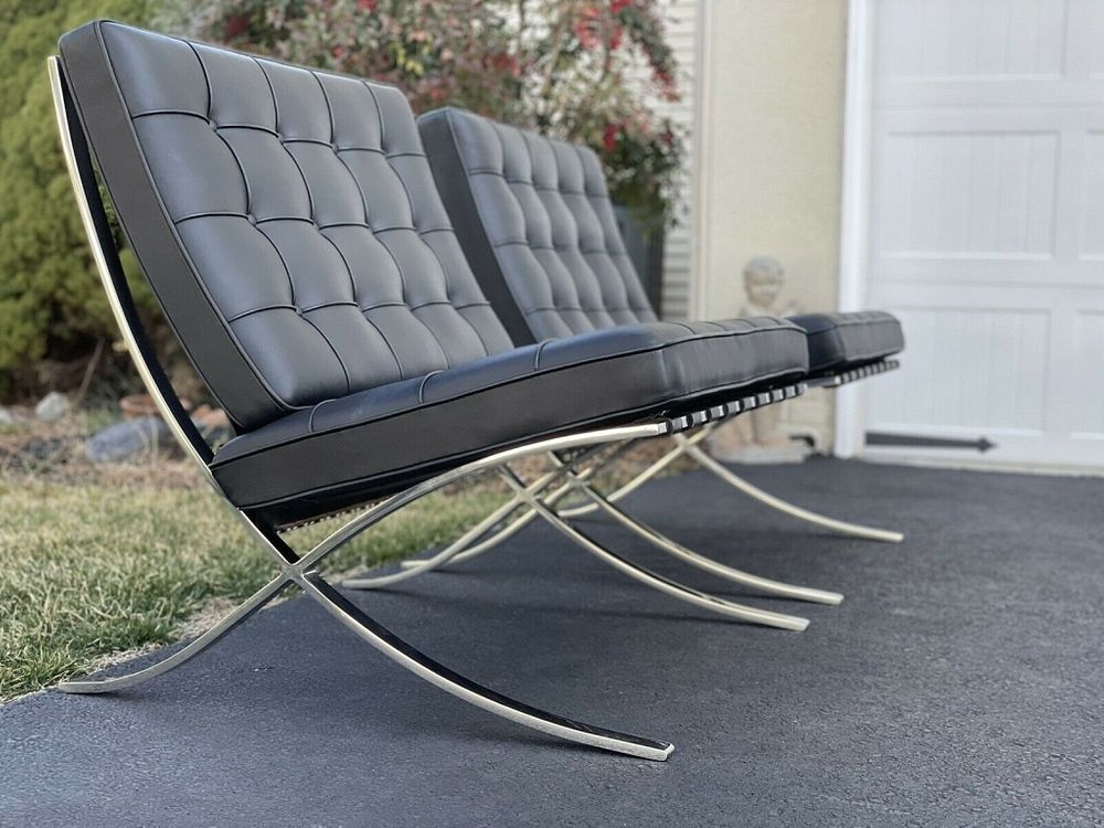 Appraisal: Knoll Barcelona Chair - Black Leather Knoll Barcelona Chair -