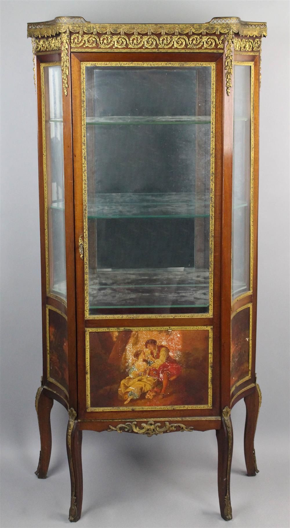 Appraisal: FRENCH PAINTED AND GILT MOUNTED MAHOGANY VITRINE h w d