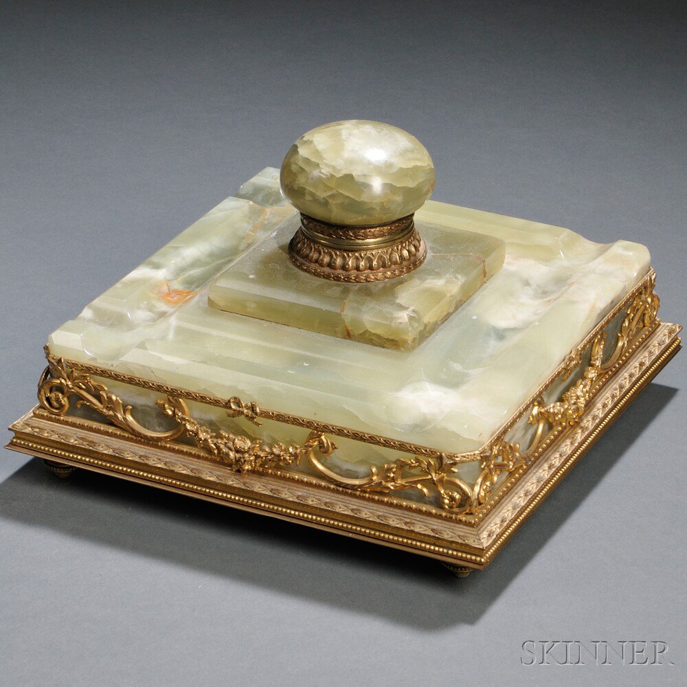 Appraisal: Green Onyx and Ormolu Inkwell th century square with central