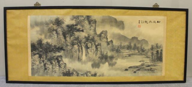 Appraisal: Vintage Chinese Mountain Lake Watercolor Signed and sea marked From