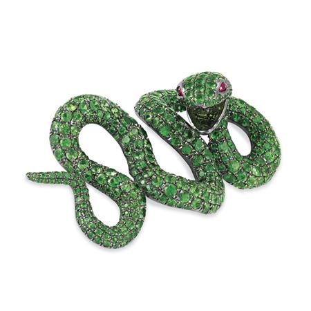 Appraisal: Green Garnet and Pink Sapphire Snake Clip-Brooch Estimate -