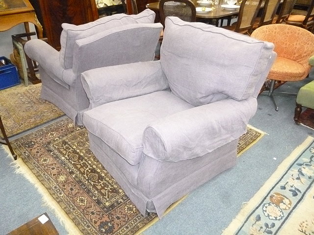 Appraisal: A PAIR OF CONTEMPORARY LILAC UPHOLSTERED ARMCHAIRS cm wide These