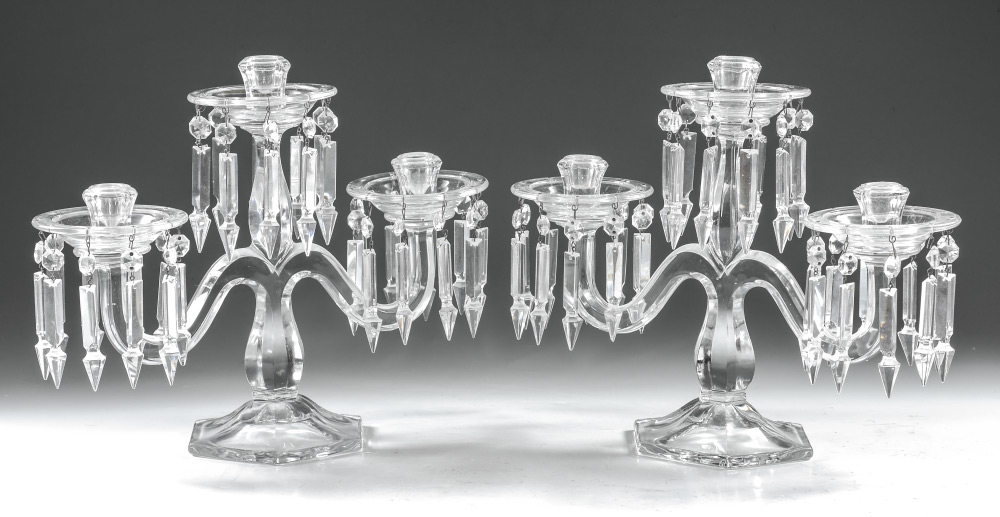 Appraisal: CRYSTAL TABLE CANDELABRA SET Each with lights crystal prisms and