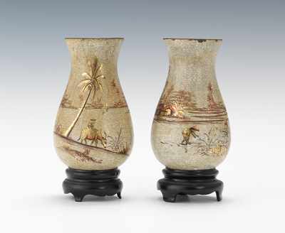 Appraisal: A Pair of Japanese Lacquered Vases Matched pair with cream