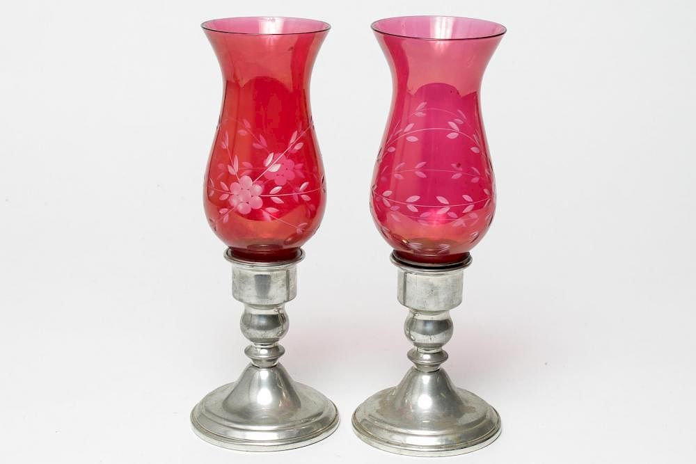 Appraisal: Web Pewter Silver Cranberry Glass Hurricanes Marked Web pair of