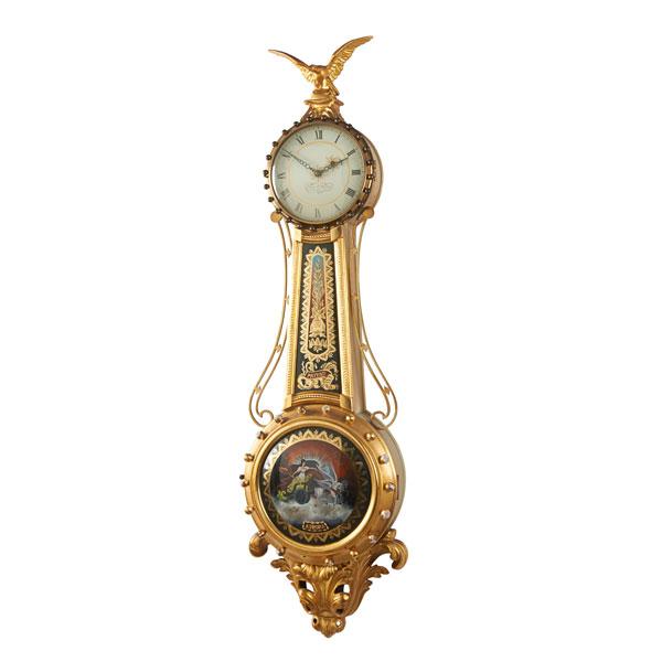 Appraisal: ELMER STENNES GIRANDOLE CLOCK Gilded case with reverse painted panels