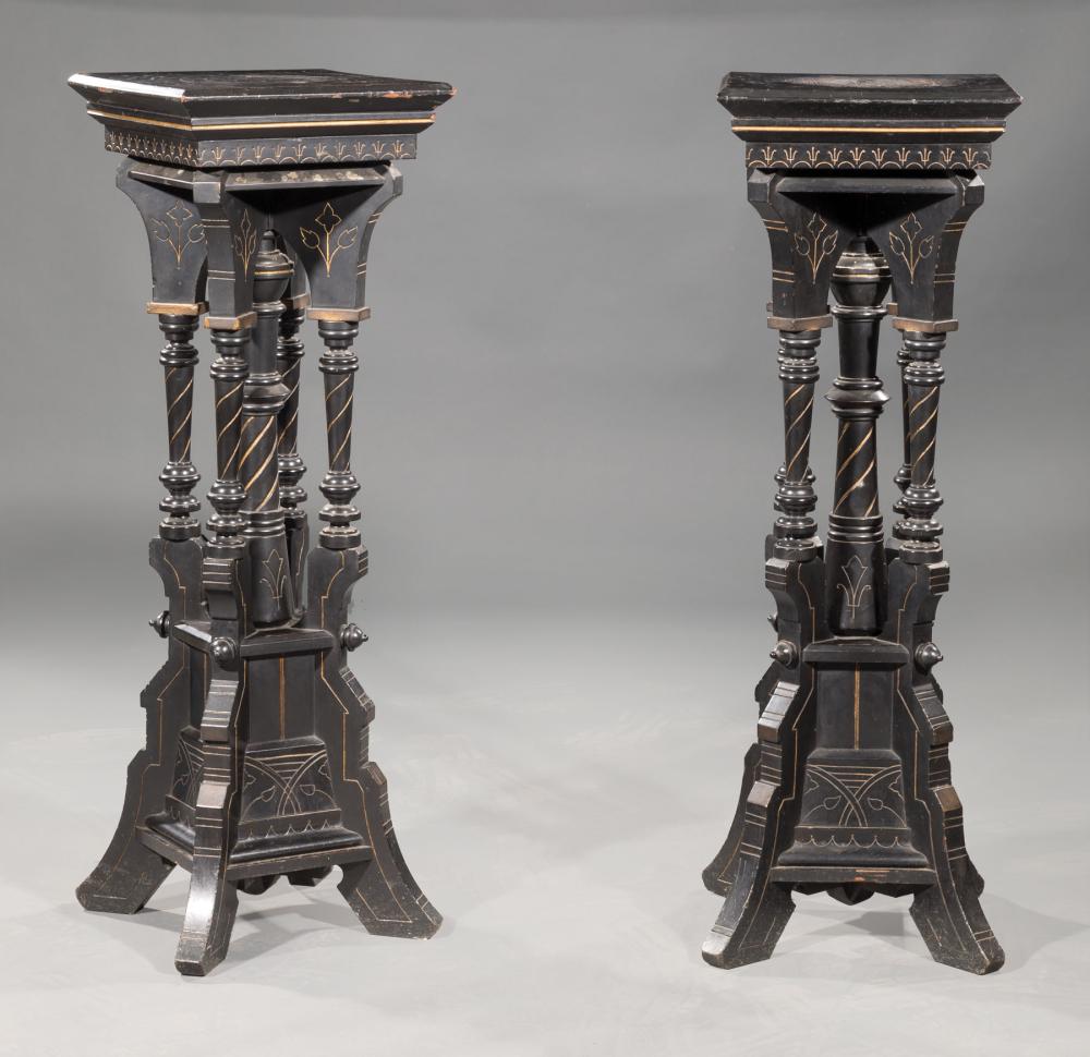 Appraisal: Pair of Eastlake Carved Ebonized and Parcel Gilt Pedestals c