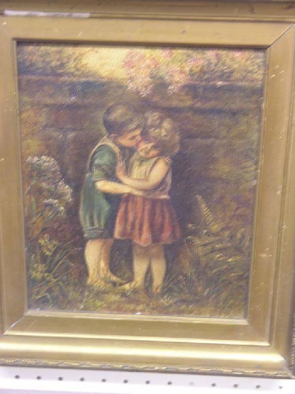 Appraisal: An oil on board young boy cradling and kissing young