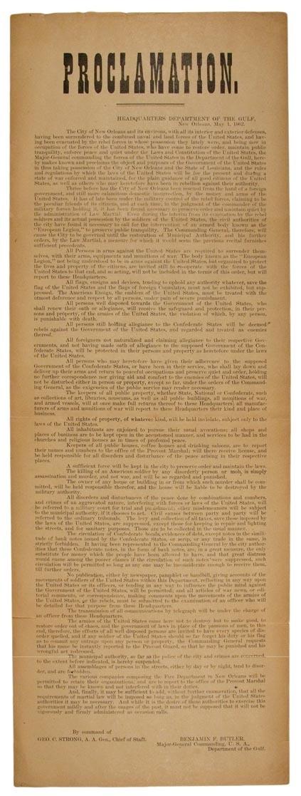 Appraisal: OCCUPATION OF NEW ORLEANS - Benjamin BUTLER Proclamation New Orleans