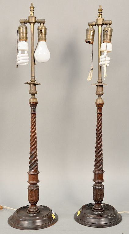 Appraisal: Pair of wood and brass candlestick lamps ht in Pair