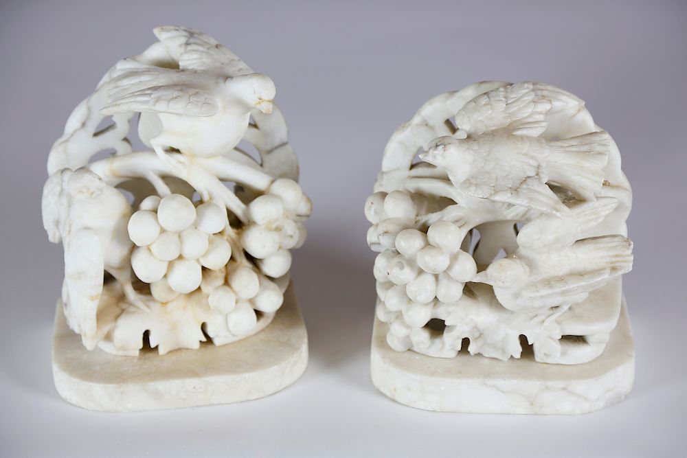 Appraisal: Pair of White Alabaster Bird and Grape Small Sculptures Exclusive