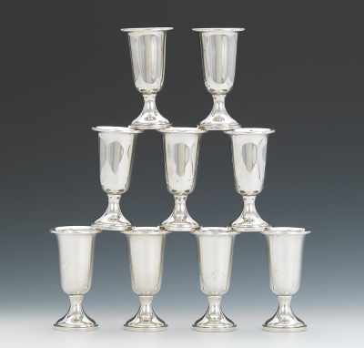 Appraisal: Nine Sterling Silver Cordial Glasses by Towle Simple urn shape