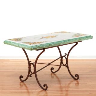 Appraisal: Italian iron and majolica garden table Italian iron and majolica