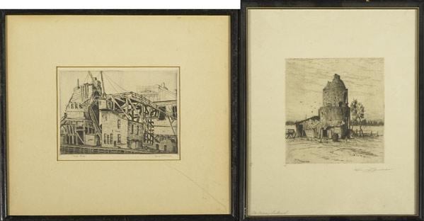 Appraisal: FIFTEEN PRINTS AND ENGRAVINGS Black and white etchings engravings or