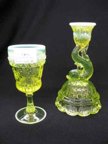 Appraisal: pcs Vaseline Opalescent Glass Northwood petticoat dolphin candlestick '' and