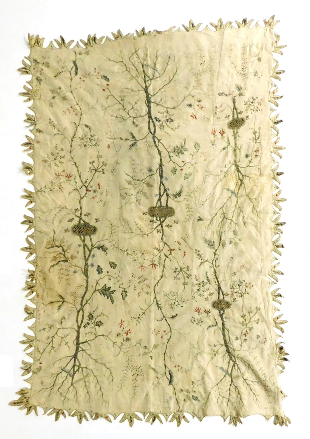 Appraisal: TEXTILE Cover made from earlier textile sections embroidered cream silk