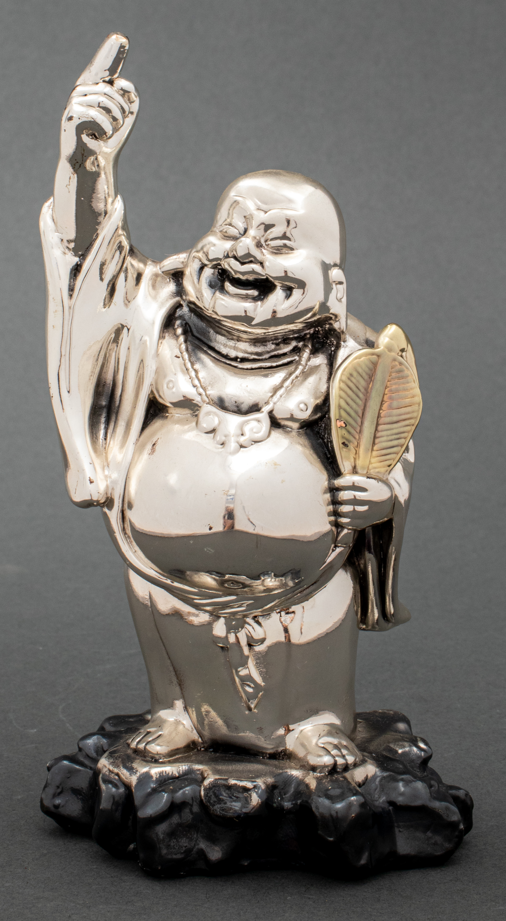 Appraisal: SILVERPLATE LAUGHING BUDDHA FIGURINE Silverplate Laughing Happy Buddha figure marked