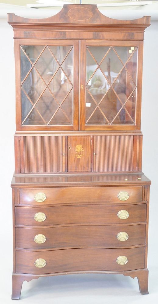 Appraisal: Custom mahogany two-part desk with butlers secretary and tambour doors