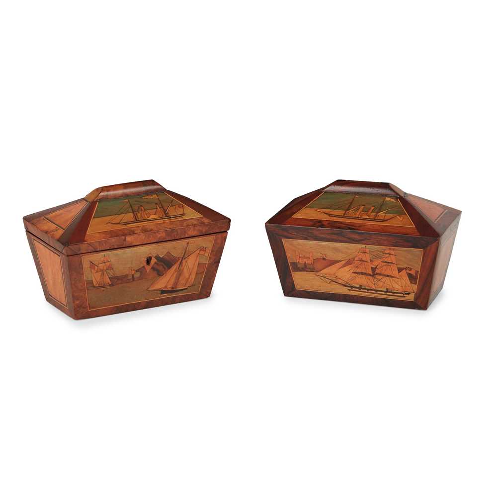 Appraisal: MATCHED PAIR OF TRINITY HOUSE MARQUETRY BOXES TH CENTURY of