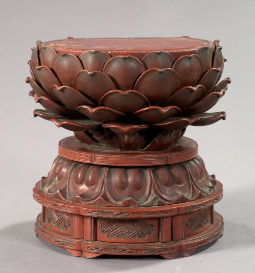 Appraisal: Oriental Red-Lacquered Wooden Lotus-Leaf Stand early th century the top