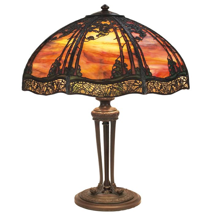 Appraisal: Handel lamp slag glass shade with landscape and pine needle